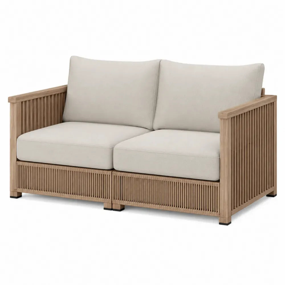 Sofá de exterior de dos plazas madera maciza de acacia con cojines beige estructura de madera natural 160 cm 80 cm 75 cm