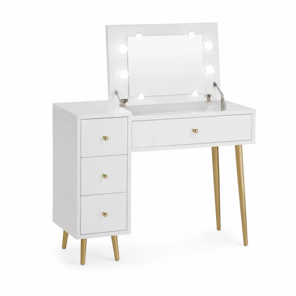 Tocador de dormitorio 100 cm x 45 cm x 140 cm MDF blanco con espejo LED y patas metálicas doradas con cajones