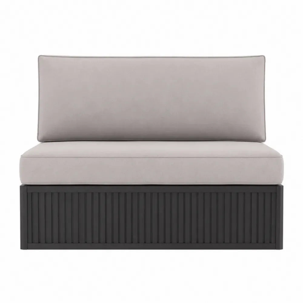 sofá de exterior modular con asiento acolchado y base con almacenamiento 100 cm aprox estructura de madera de ingeniería y tapizado beige y negro