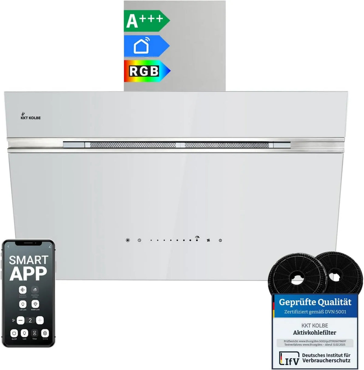 exaustor, 80 cm, capa de cozinha, iluminação LED, instalação de parede, toque, Wi-Fi, aplicação, branco, SensorTouch, KKT KOLBE A+++ Hood