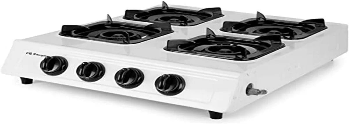 Fogão a gás com forno eléctrico, exterior, preto, Orbegozo FO 4000, butano ou propano, ignição piezoeléctrica, quatro queimadores triplos de coroa