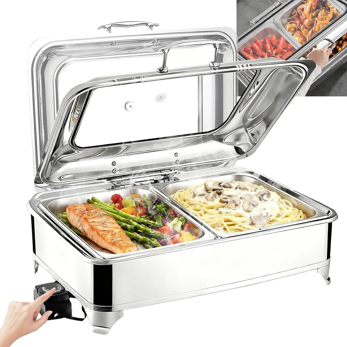 Aocay Buffet prato quente, 9 L, restaurante, 2 zonas de temperatura, aço inoxidável, 2 Pan, 9L Chafing Dish Buffet elétrico, Electric Flats Heater
