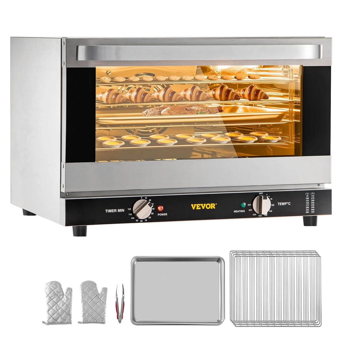 VEVOR Forno elétrico, 47 L, 1600 W, 65 a 250 °C, aço inoxidável, VEVOR Mini-Quatro com calor Turnável 47 L Mini-Quatro Electric 1600 W Forno pequeno