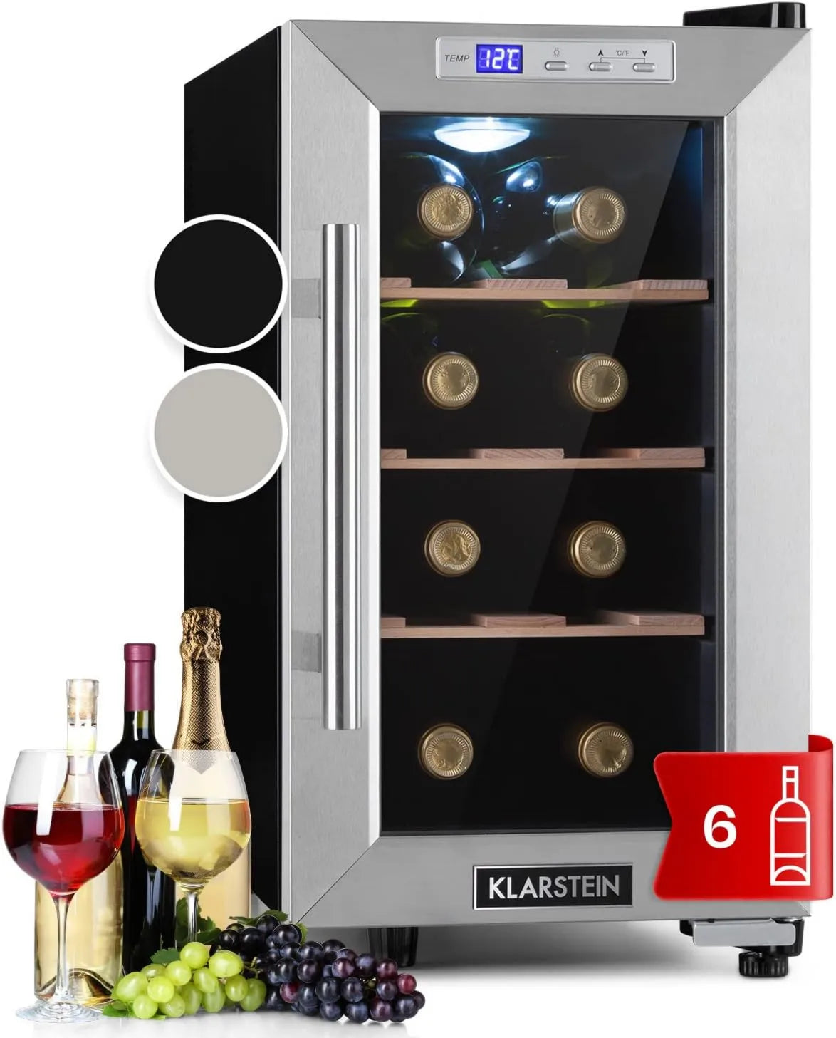 KLARSTEIN adega elétrica, 6 garrafas, 11 a 18 °C, toque, Frigorífico Bar, proteção UV, Frigorífico Vinho em Pés com Porta