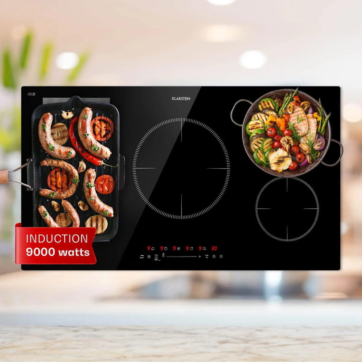KLARSTEIN Placa de indução, 5 lareiras, 9000 W, mesa de cozinha de indução, toque, recessos, 5 recessos de lâmpada, fogão elétrico para eletricidade
