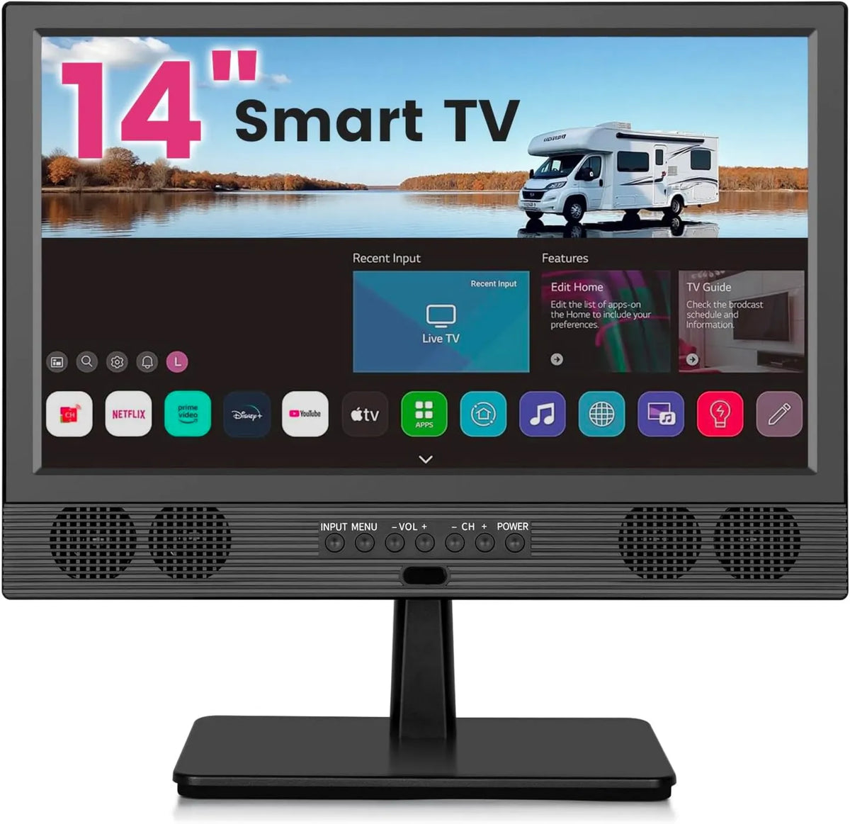 ZOSHING Smart TV, 14 polegadas, TV, HDMI, USB, instalação de parede, camping, preto, campista, comando à distância incluído, sintonizador digital encastrado, leva em