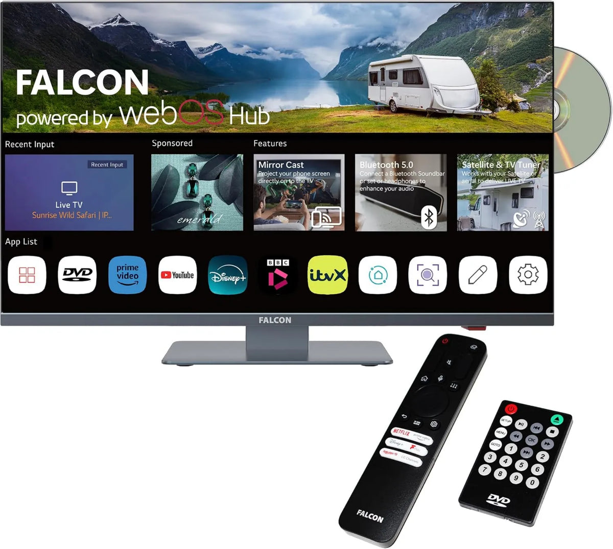 FALCON WORLD CLASS TECHNOLOGY Smart TV 12V/24V, 24 polegadas, 12 V, TV, webOS, USB, Wi-Fi, Bluetooth, camping, DVD Player encastrado, Streaming, Freeview, Netflix, Vídeo Prime