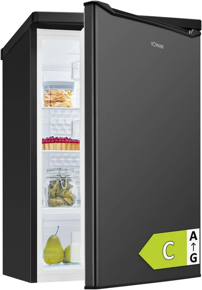Bomann Frigorífico, 126 L, classe energética C, instalação gratuita, iluminação LED, 2 zonas de temperatura, preto, prateleiras de vidro, controlo do