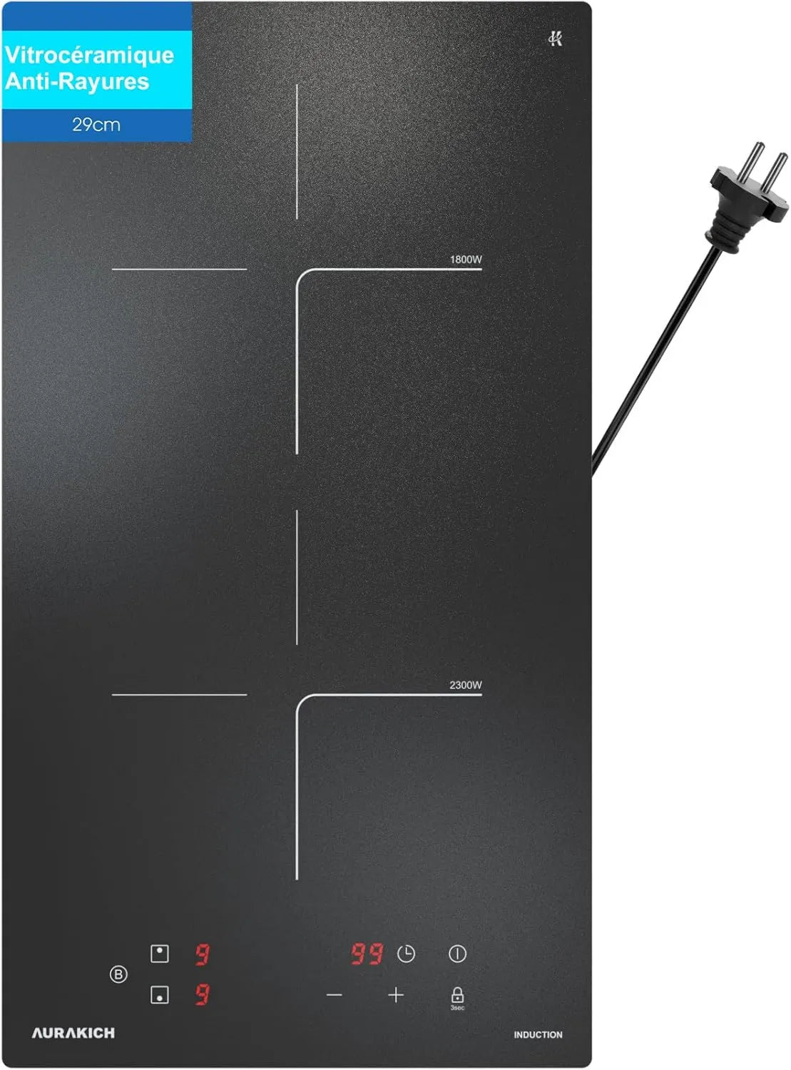 AURAKICH Placa de indução, 2 lareiras, 3800 W, mesa de cozinha de indução, Boost, travamento, recesso, temporizador, 2 Anos de garantia, Timer 1-99 min