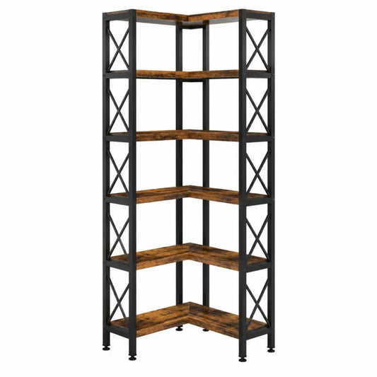 Estantería esquinera de 6 niveles acero y MDF madera 35 cm x 35 cm x 180 cm negro y madera