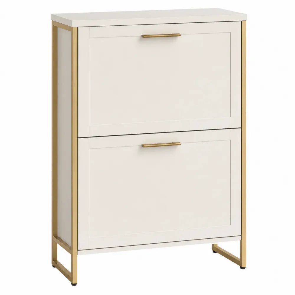 armario de almacenamiento vertical con 2 puertas abatibles estructura de acero con recubrimiento en polvo dorado panel MDF blanco crema 60 cm 35 cm 80 cm