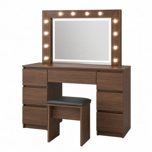 tocador de dormitorio con espejo LED y taburete madera de ingeniería MDF acabado marrón estructura metálica 120 cm x 40 cm x 140 cm