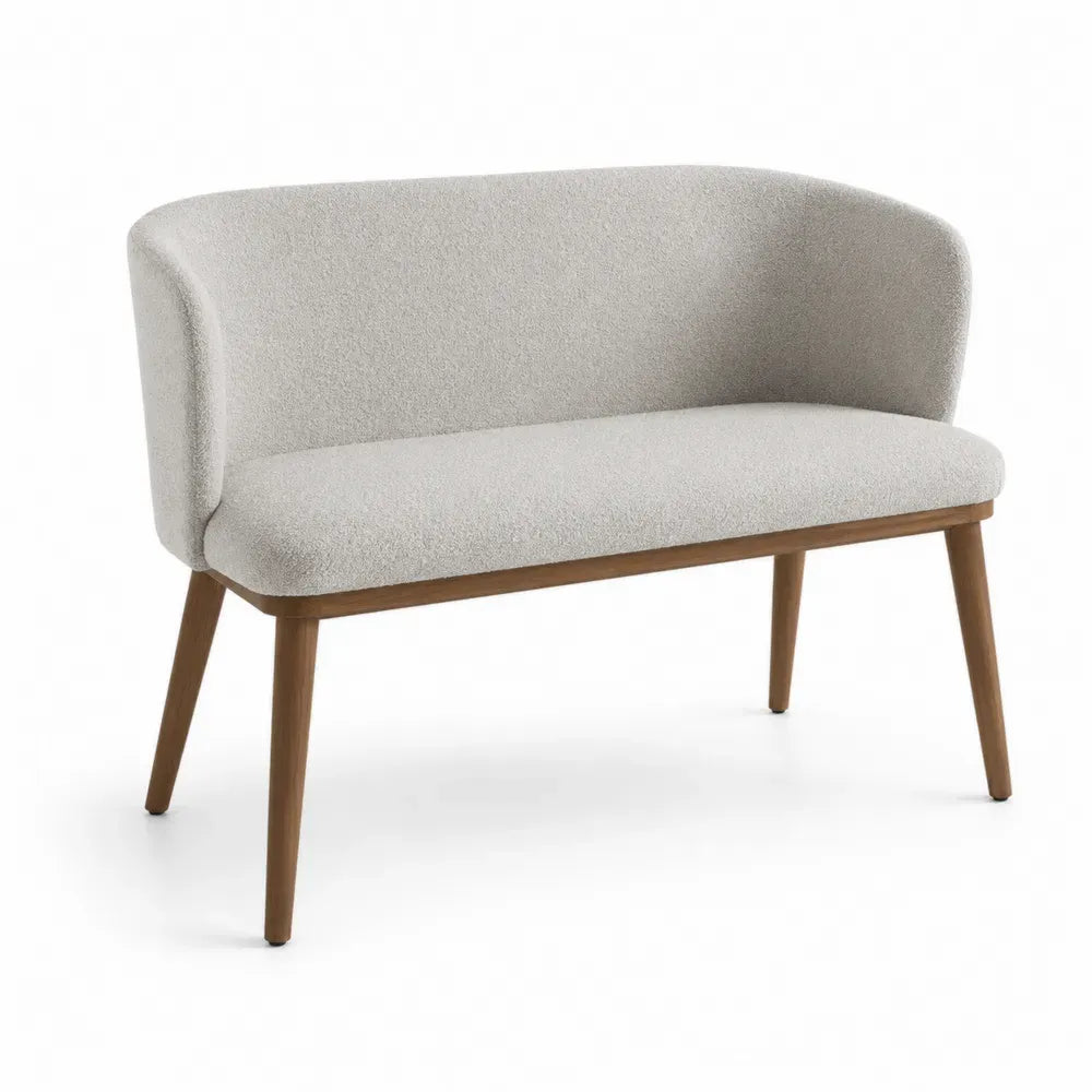 banco de salón tapizado en tejido bouclé beige 120 cm x 60 cm x 78 cm con respaldo curvado y patas de madera maciza
