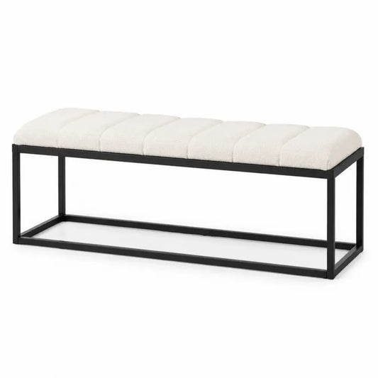Banco rectangular tapizado en poliéster bouclé blanco roto con estructura de acero negro 120 x 40 x 45 cm