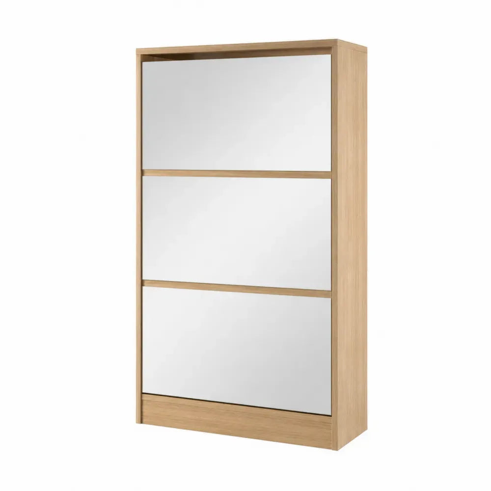 Armario de almacenamiento vertical con 3 puertas espejadas y estructura de tablero de partículas efecto roble claro 80 x 35 x 180 cm