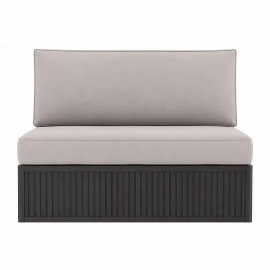 sofá de exterior modular con asiento acolchado y base con almacenamiento 100 cm aprox estructura de madera de ingeniería y tapizado beige y negro