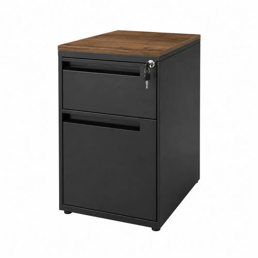 archivador metálico de 2 cajones con cerradura estructura de acero negro encimera de MDF efecto madera nogal 40 cm 50 cm 65 cm