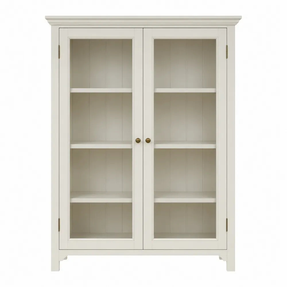 Vitrina armario de salón 120 cm x 40 cm x 180 cm MDF color crema con puertas de vidrio y estantes interiores