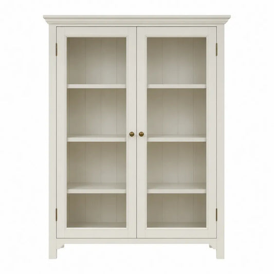 Vitrina armario de salón 120 cm x 40 cm x 180 cm MDF color crema con puertas de vidrio y estantes interiores