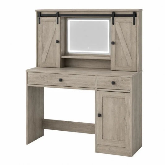 tocador de dormitorio con espejo LED armario superior con puertas correderas madera de ingeniería color madera natural 120 cm x 45 cm x 140 cm