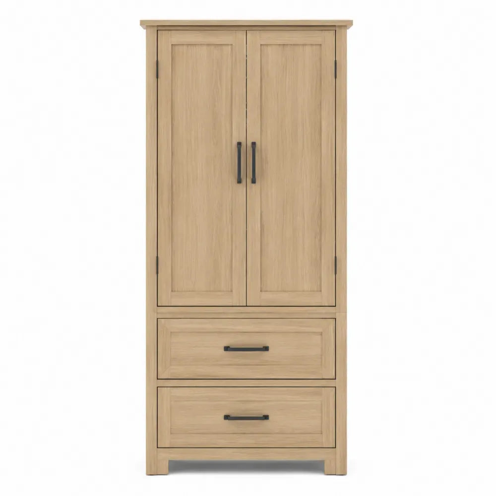Armario de almacenamiento alto con 2 puertas 2 cajones tablero de partículas efecto roble claro y tiradores negros 80 x 40 x 180 cm