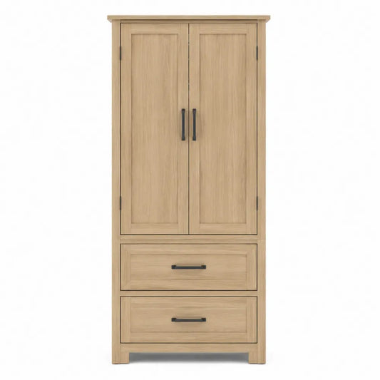 Armario de almacenamiento alto con 2 puertas 2 cajones tablero de partículas efecto roble claro y tiradores negros 80 x 40 x 180 cm