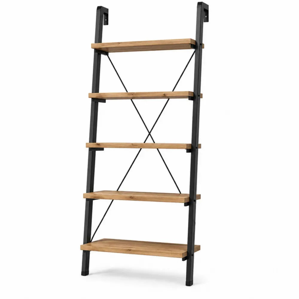 Librería estantería tipo escalera de acero negro y madera con 5 niveles 60 cm x 35 cm x 170 cm negro madera natural