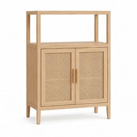 aparador de salón con puertas de ratán estructura de MDF madera natural estantes abiertos forma rectangular color madera natural 85 cm 40 cm 130 cm