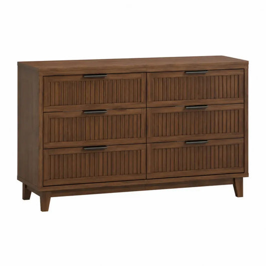 Cómoda de almacenamiento con 6 cajones de tablero de partículas efecto madera marrón oscuro y tiradores negros 140 x 40 x 80 cm