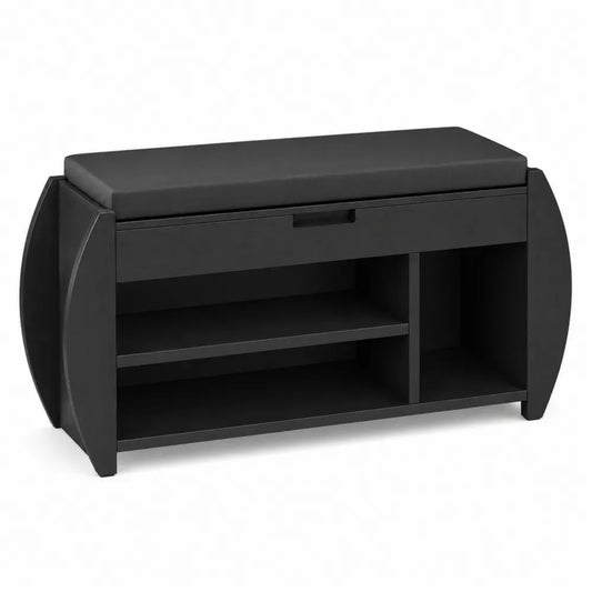 Banco de almacenamiento tapizado MDF negro cajón central estantes abiertos 120 cm 40 cm 50 cm