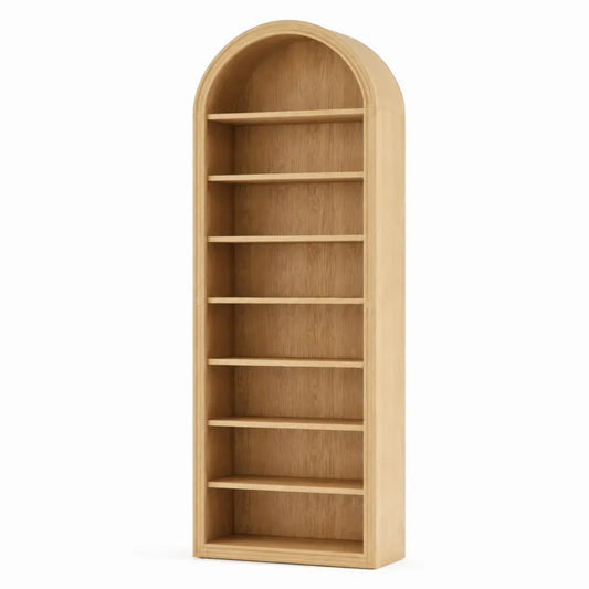 estantería de almacenamiento de madera con diseño arqueado estructura abierta color roble claro MDF estantes múltiples