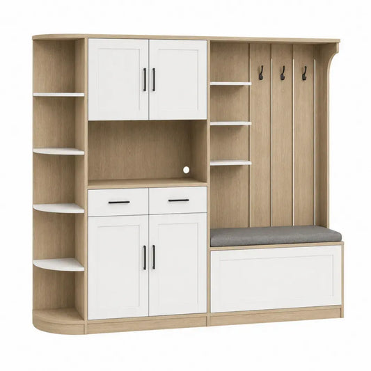 Mueble recibidor con banco zapatero ganchos estantes y armarios de tablero de partículas efecto madera clara blanco gris y negro 160 x 40 x 180 cm