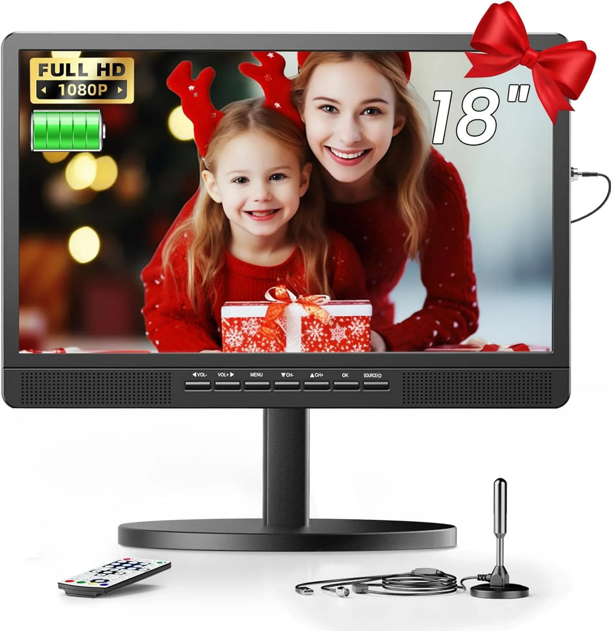 Desobry Smart TV 6000mAh, 18 polegadas, 12 V, TV, portátil, DVB-T2, ecrã LCD, camping, 12V 6000mAh TV recarregável com base redonda para Le