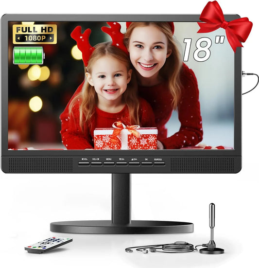 Desobry Smart TV 6000mAh, 18 polegadas, 12 V, TV, portátil, DVB-T2, ecrã LCD, camping, 12V 6000mAh TV recarregável com base redonda para Le