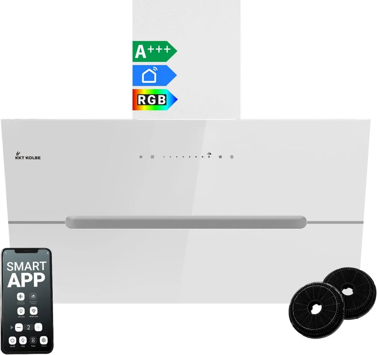 KKT KOLBE exaustor ECCO9005WM, 90 cm, capa de cozinha, iluminação LED, instalação de parede, Wi-Fi, aplicação, branco, 782 cbm, sem cabeça, evacuação e