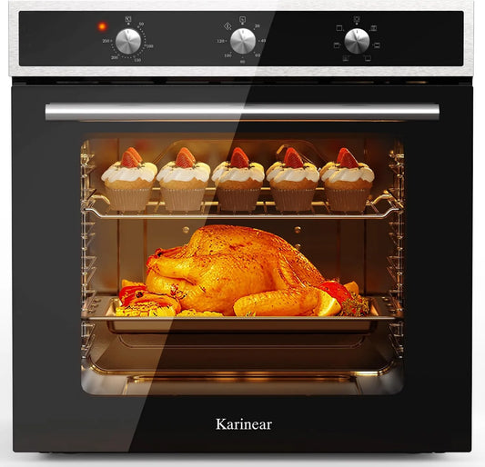 Karinear Forno elétrico, 60 cm, 60 L, 2200 W, 6 programas, 50 a 250 °C, encastrado, 240 V, 50-250 °C com placa de vidro temperado, 220-240 V, com tomada