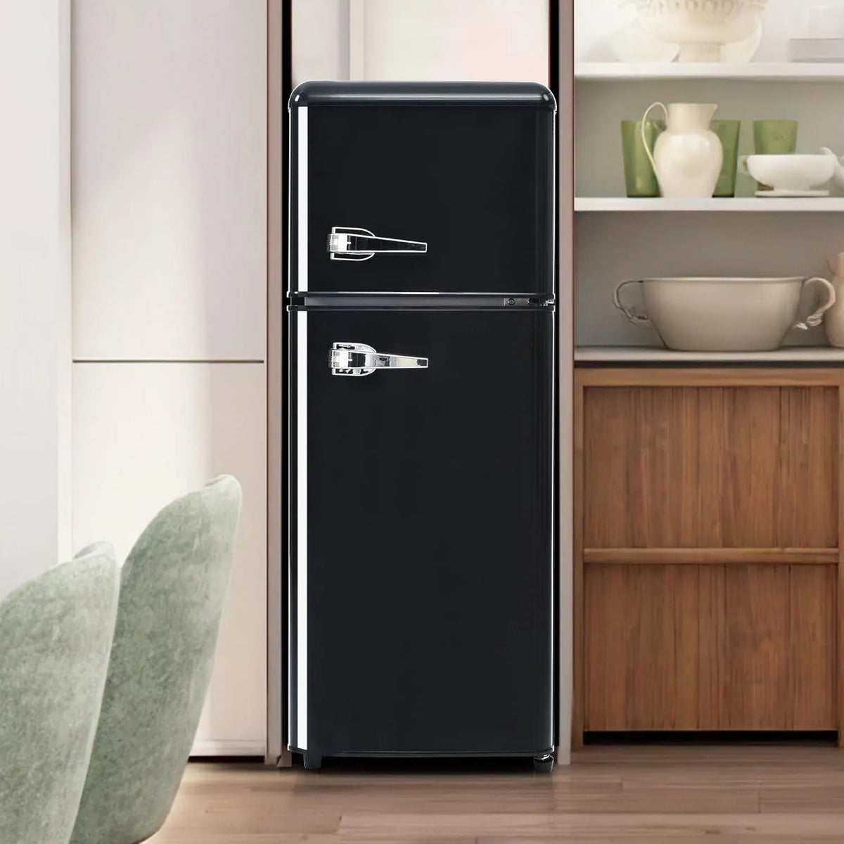 LULUWA Frigorífico combinado 41cm92, 28 L, -27 a 13 °C, iluminação LED, frigorífico com congelador, preto, Retro frigorífico