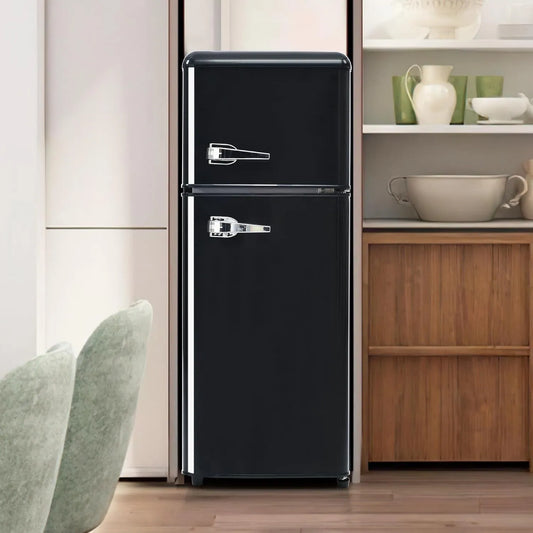 LULUWA Frigorífico combinado 41cm92, 28 L, -27 a 13 °C, iluminação LED, frigorífico com congelador, preto, Retro frigorífico