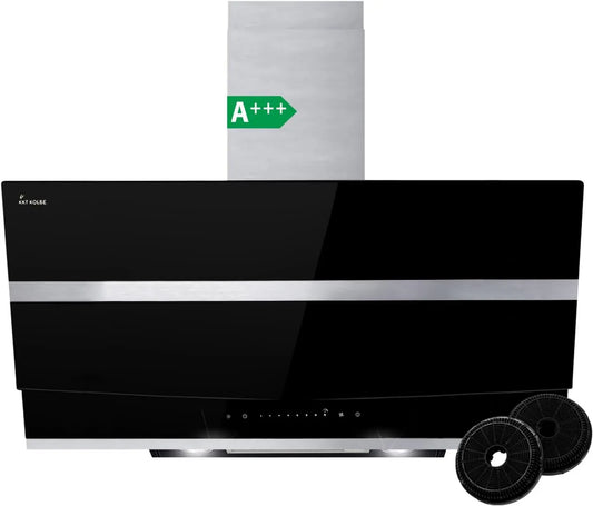 KKT KOLBE exaustor HERMES9005S, 90 cm, capa de cozinha, inclinado, instalação de parede, toque, aço inoxidável, preto, vidro preto