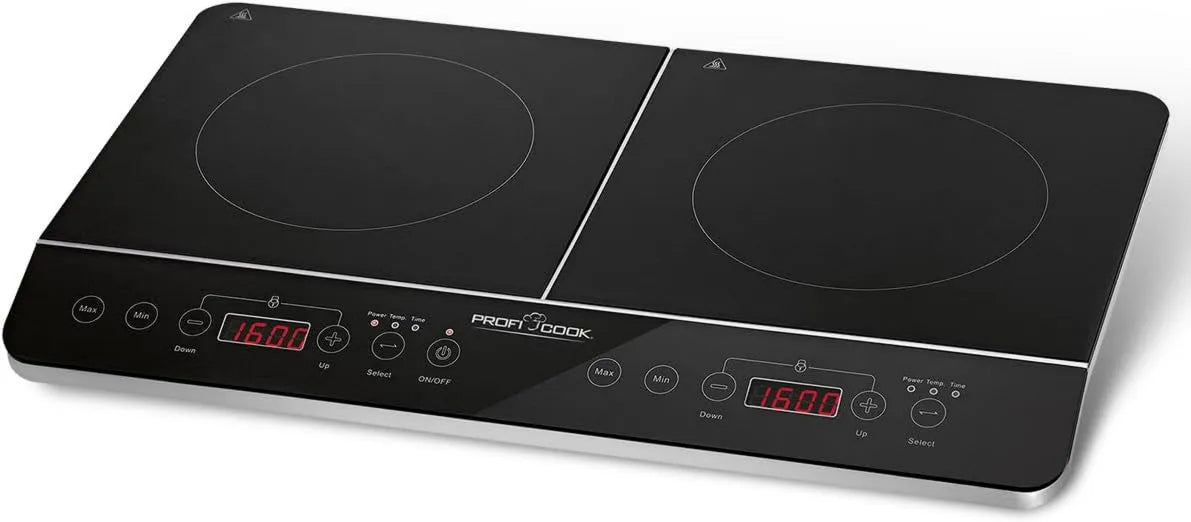 Profi Cook Placa de vidro cerâmico, 3500 W, temporizador, mesa de cozinha elétrica, placa de cozinha com temporizador 180 min e 16 níveis, PC-DKI 1067, 2 placas