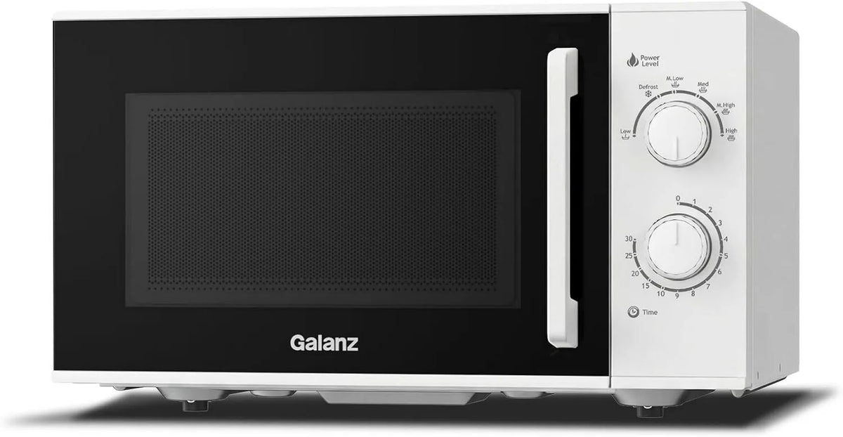 Galanz Microondas, 25 L, 900 W, recesso, descongelamento, branco, 2 botões rotativos para fácil uso, 6 níveis de potência com função