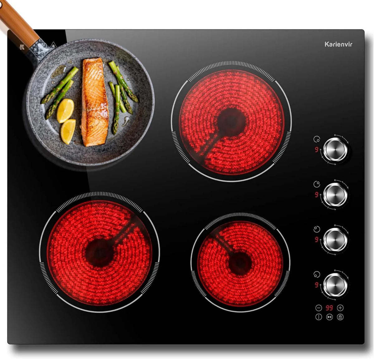Karienvir Placa vitrocerâmica, 52×59 CM, 4 lareiras, 6000 W, 240 V, temporizador, travamento, 220-240 V, botão do Ajustador, função Pausa, Ideal para todos