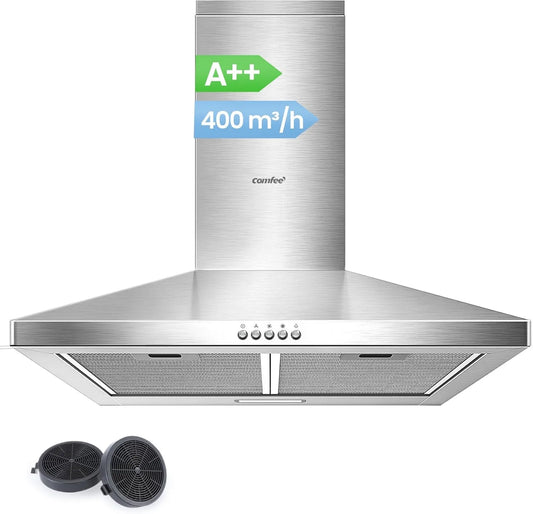 exaustor, 60cm, 400 m3/h, capa de cozinha, Comfee' CH60A17EM400SS-EU, 3 velocidades, prata, lâmpada LED, recirculação e evacuação, filtro com