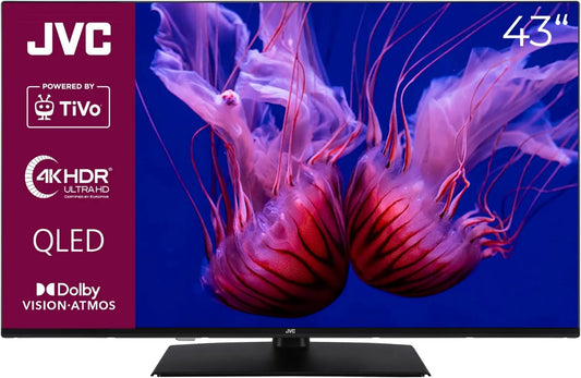 JVC LT-43VUQ3455 Smart TV, 43 polegadas, TV, 4K UHD, QLED, HDR, sintonizador triplo DVB-T2, S2, som Dolby, 6 Mês HD+ Incluído, Dolby Atmos