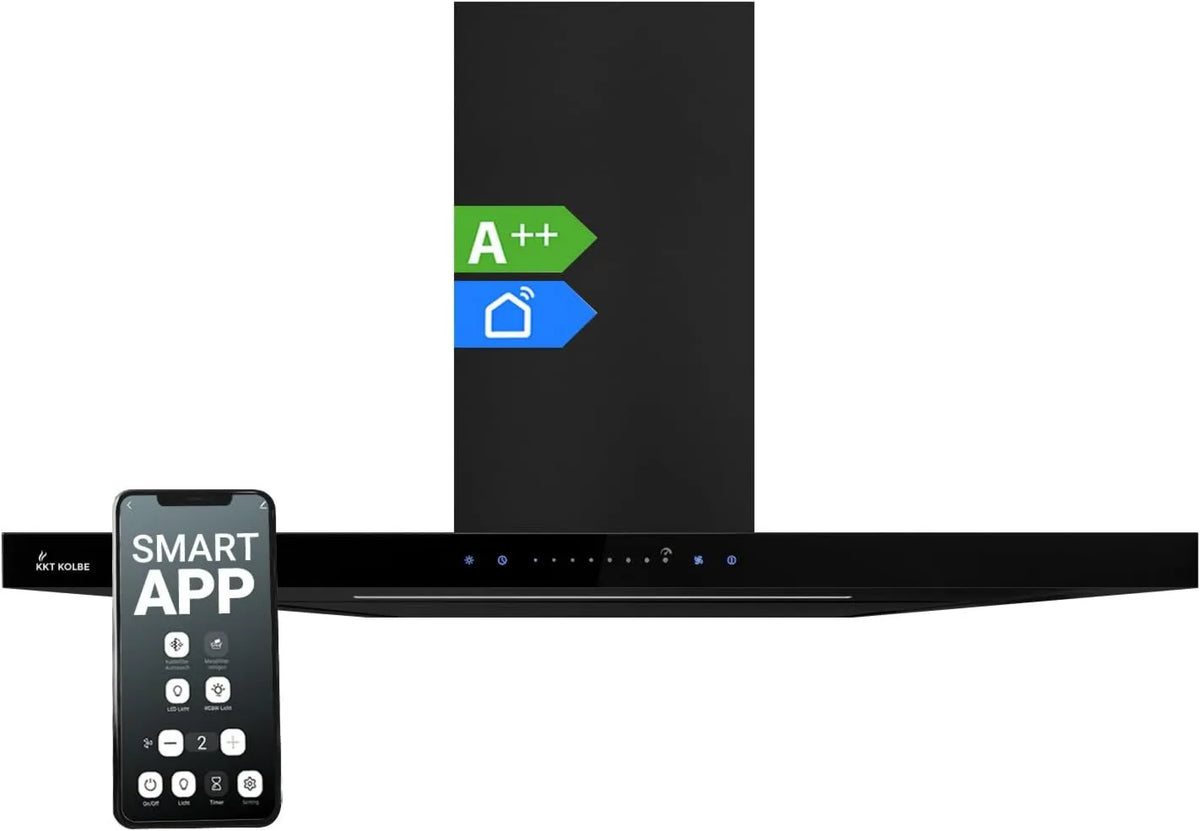 KKT KOLBE exaustor FLT9006S, 90 cm, capa de cozinha, instalação de parede, toque, Wi-Fi, aço inoxidável, preto, WiFi, vidro preto