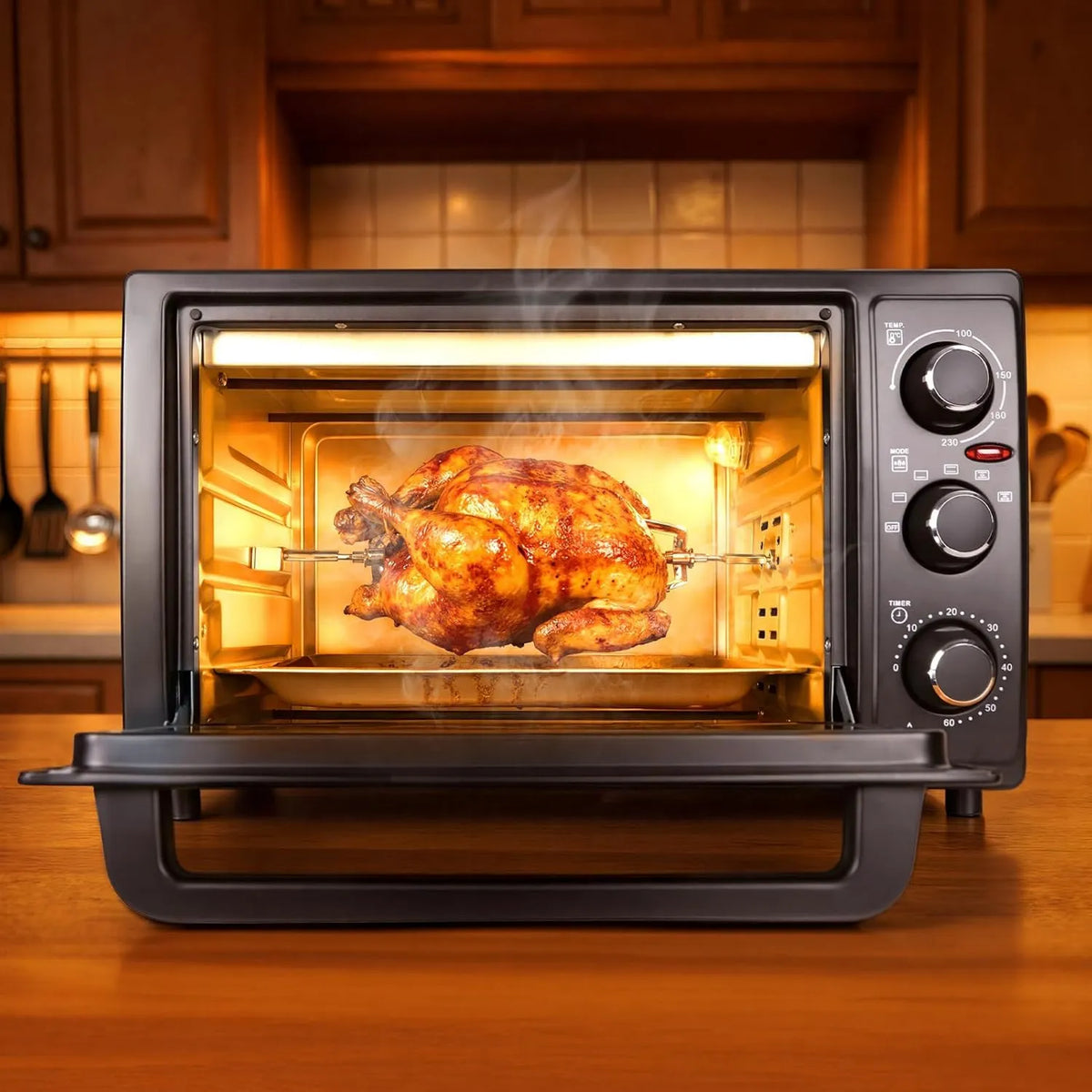 Makamsui Forno elétrico, 32 L, 1500 W, temporizador, compacto, preto, 60 Min timer, 6 Acessórios, 32L Mini forno com Roast-Rock, Forno Posível