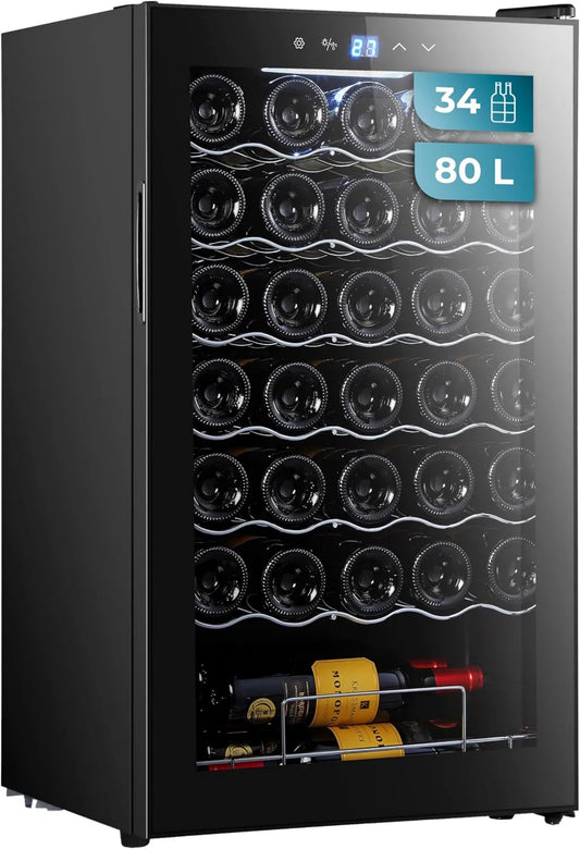 Cecotec Bolero grande adega 34030 adega elétrica, 80 L, 34 garrafas, 5 a 18 °C, toque, preto, LED dentro, Temperatura ajustável de 5 a