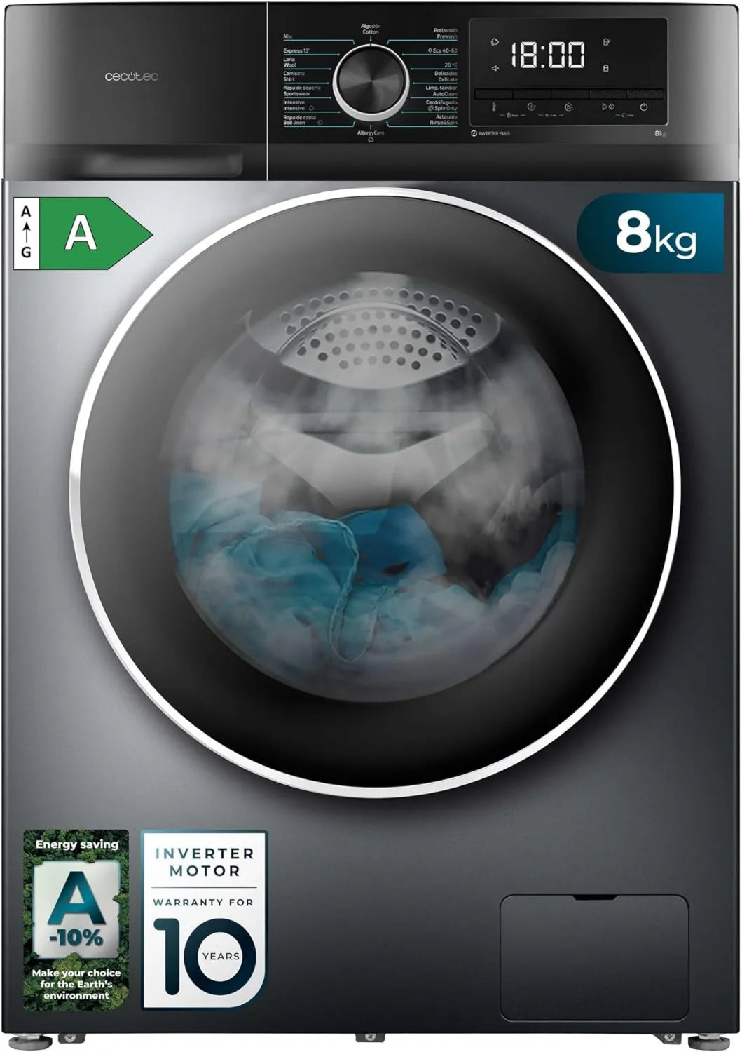 Cecotec Bolero Dresscode 8500 Máquina de lavar roupa, 1900 W, 16 programas, 8 kg, inversor, 1400 rpm, aço, SteamMax, carga frontal, baixo consumo