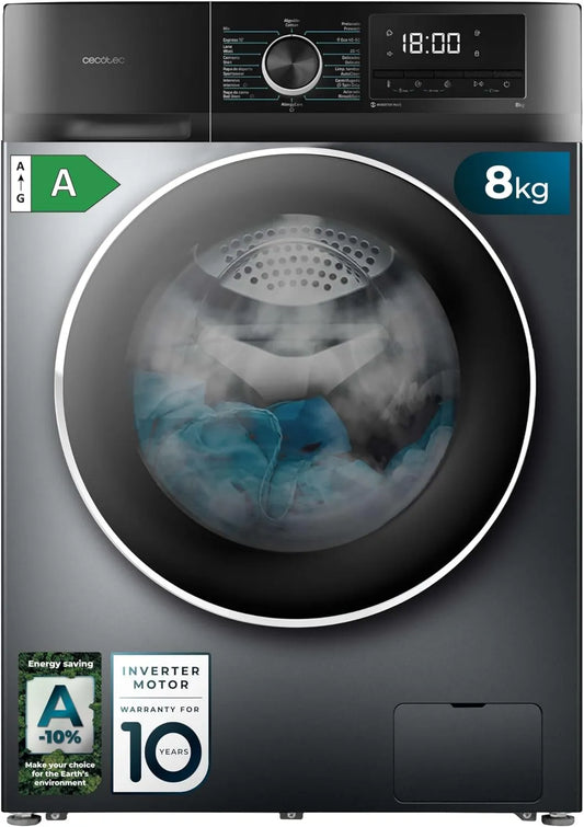 Cecotec Bolero Dresscode 8500 Máquina de lavar roupa, 1900 W, 16 programas, 8 kg, inversor, 1400 rpm, aço, SteamMax, carga frontal, baixo consumo