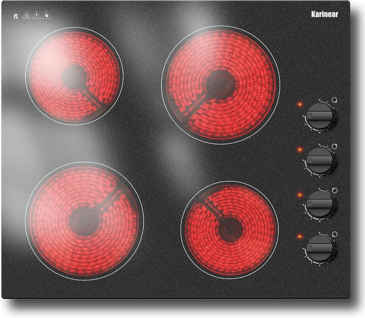 Karinear Placa vitrocerâmica, 60CM, 4 lareiras, 6000 W, 220 V, encastrado, 6000W, 220V, botões rotativos, paragem automática